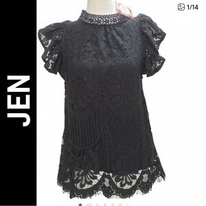 JEN - Sweet Lovely  - Black Lace Top Ruffle Sleeve Fringe SZ S Lined NWT